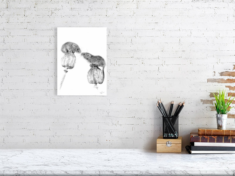 Whimsical graphite drawing of two mice balancing on poppies, almost touching noses. Fine art capturing tender wildlife moments.

Mouse print  mice print  home-accessories wall-art prints nature-print poppies-print fine-art scottish-art unique-gift unique-art animal-lover